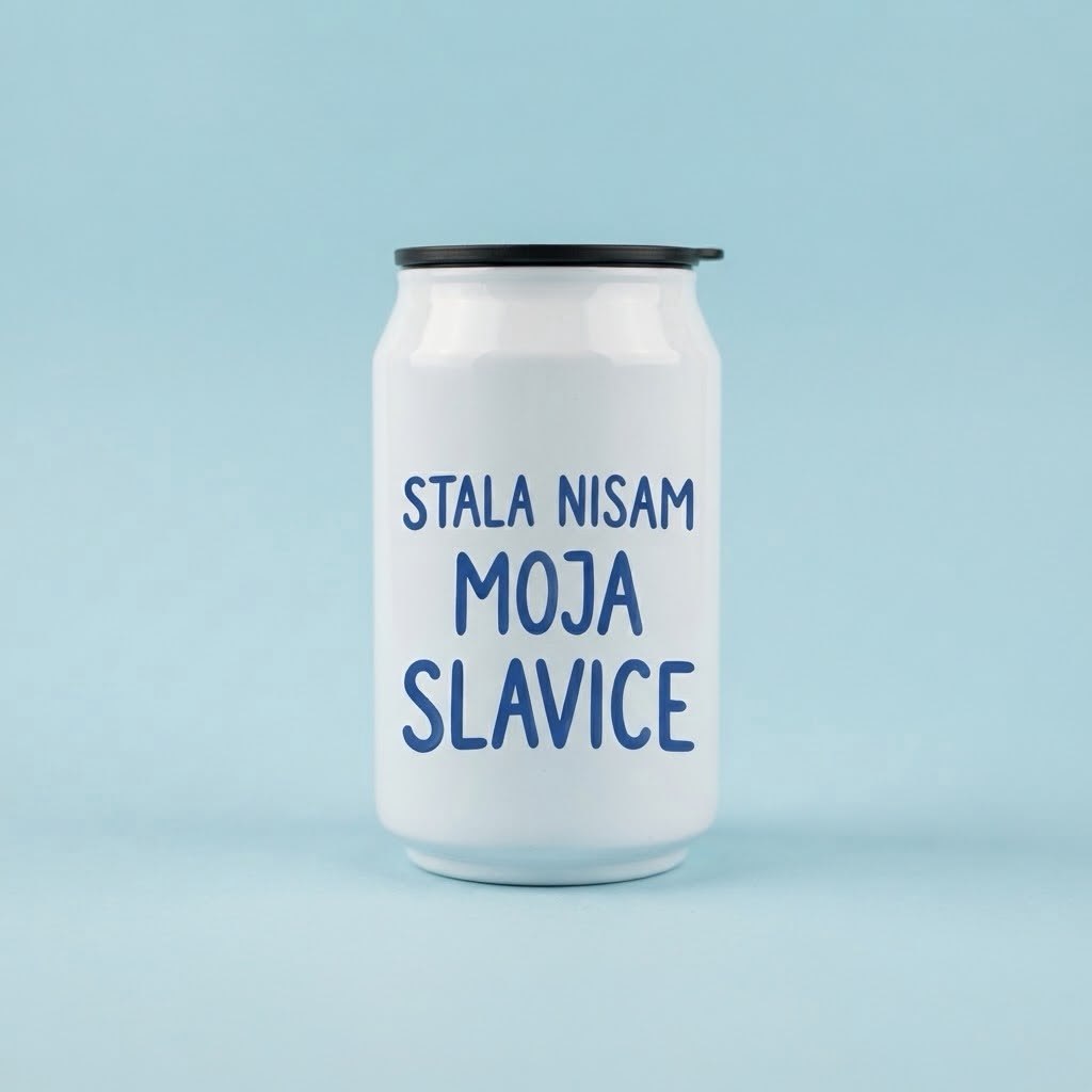 Bela termo limenka sa plavim natpisom Stala nisam moja Slavice